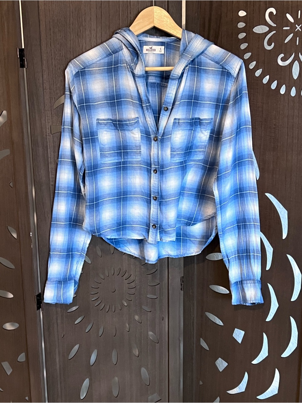 Hollister Blue Plaid Hooded Cropped Button-Up